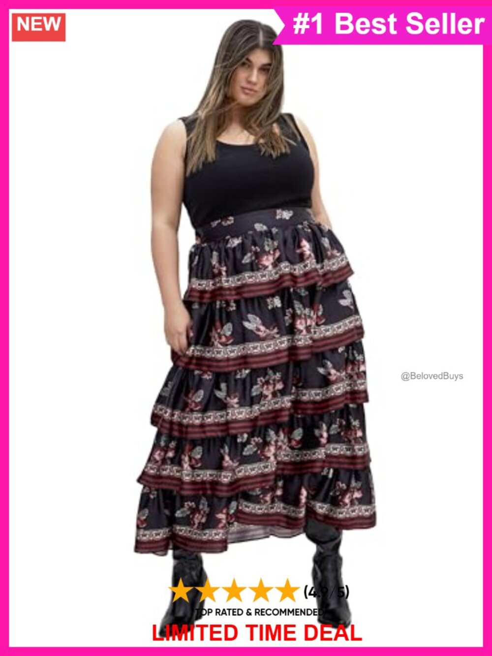 Plus Size Tiered Skirt Satin-Feel Pull-On Elastic Waist